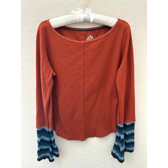 ANTHROPOLOGIE Orange Waffle Knit Long Sleeve Top Flare Crochet Cuff Boho Medium - Picture 1 of 8